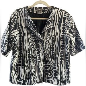 Kenar women’s Linen rayon blazer shirt sleeve black and off white print size 14